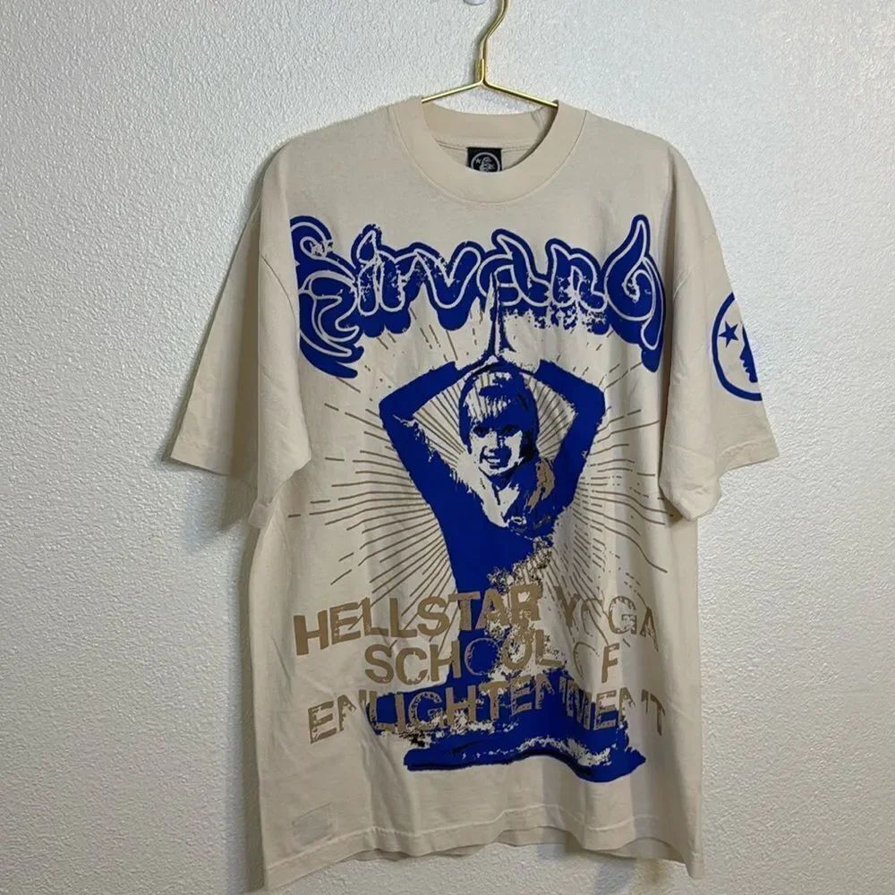 NEW-Hellstar- Yoga school of enlightenment- cream and blue- men's size large